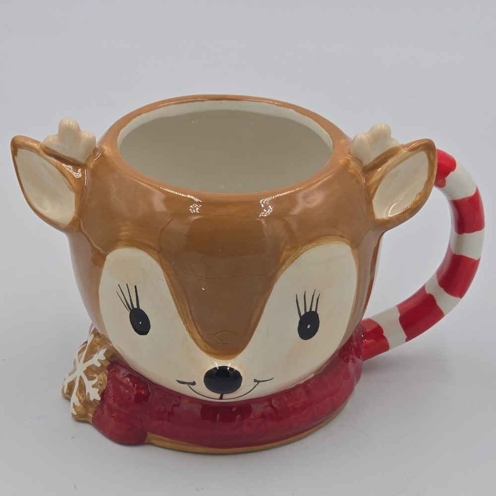 3D Reindeer Hot Cocoa Ceramic Mug Festive Christmas Holiday Candy Cane Handle